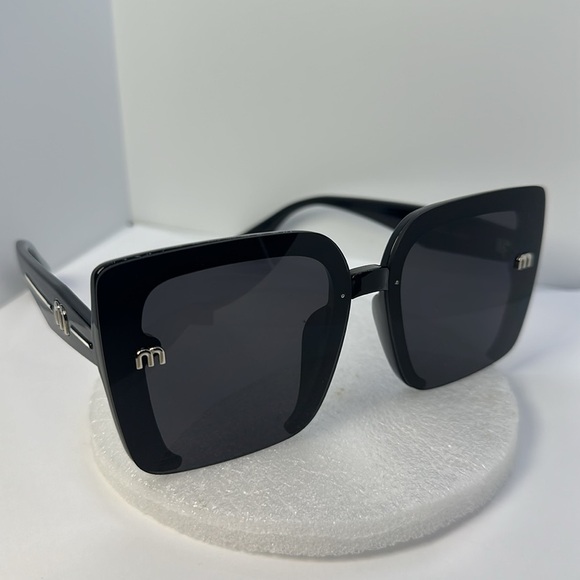 Oversized Black Square Sunglasses Silver M Logo UV Protection Chic Trendy Shades main image 11